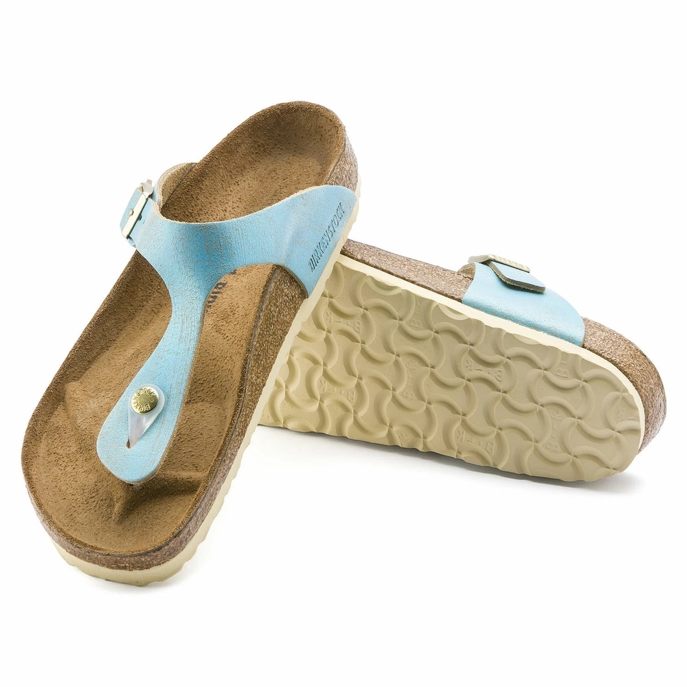 BERKINSTOCK GIZEH LEATHER SANDALS IN WASHED METALLIC AQUA SZ 37 US 6.5